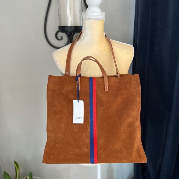 Clare V. Simple Tote Hobo Bag, Crossbody Strap, Chestnut Suede Stripe, NWT - Picture 15 of 16